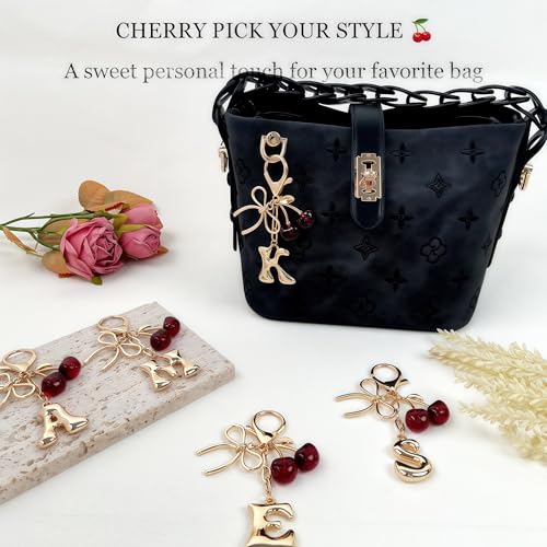 Cute Initial Cherry, Bow, Heart & More Styles - Personalized Keychain Bag Charms & Purse Accessories for Handbags - color: Red Cherry, style: K
