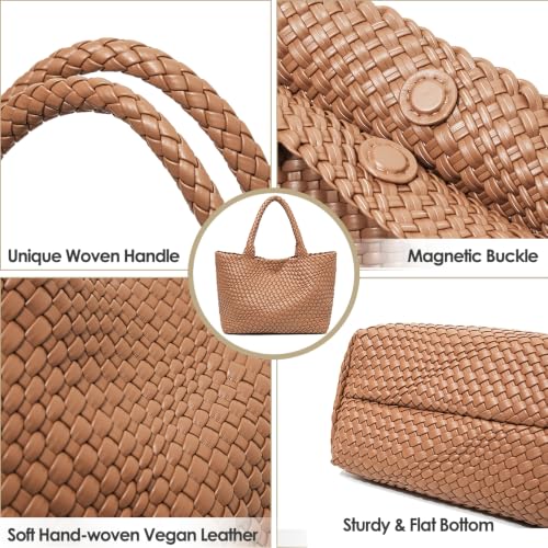 Handmade Woven Tote Bag for Women, Soft Vegan Leather Shoulder Bag with Purse, Large Travel Handbag - color: Brown