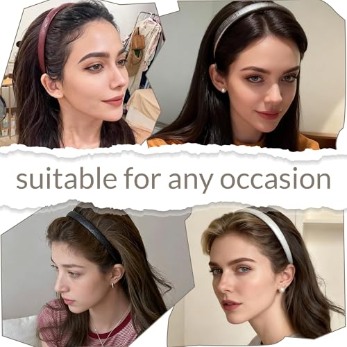 4 Pack Skinny Faux Leather Headbands for Women, Metallic Textured Thin Hair Bands, Non-Slip Lined Hard Hair Hoops, Elegant Vintage Hair Accessories for Girls Daily Wear & Party - color: Metallic Leather