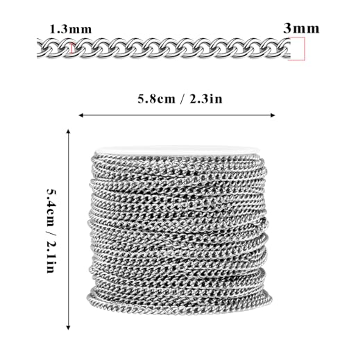 [66 Feet/ 20M] Stainless Steel Curb Chain, 3mm 304 Stainless Steel Flat Twisted Link Chain Roll Spool Curb Chains Bulk for Jewelry Making DIY Craft - color: Stainless Steel, size: 3.0mm width