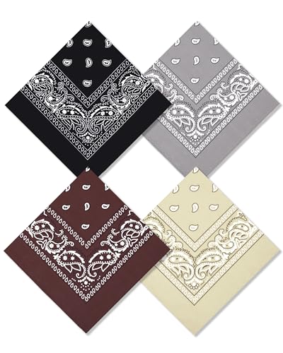 Bycc Bynn Large 27" x 27" 100% Cotton Bandanas - Set of 4 - color: Black+khaki+brown+gray