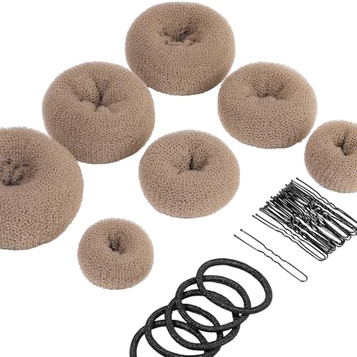 Teenitor Donut Hair Bun Maker Set, 7 Pieces Hair Bun Makers (1 extra-large, 2 large, 2 medium and 2 small), 5 pieces Hair Elastic Bands, 20 pieces Hair Pins, Tan Color - color: Tan