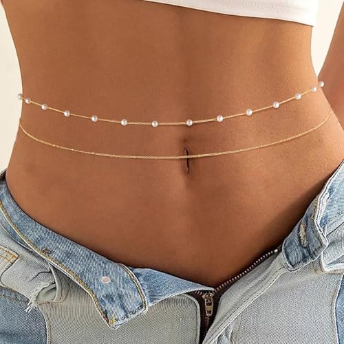 Gold Waist Chain for Women Dainty 14K Gold Plated Layered Belly Chain Adjustable Bikini Belly Beads for the Waist Waterproof Beach Accessories Body Chain Jewelry for Gifts - style: BY0003