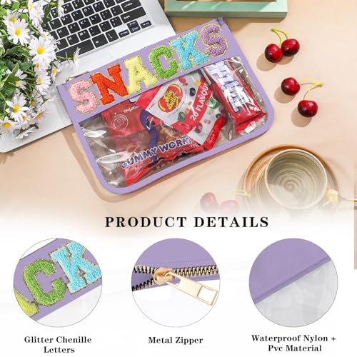 DYSHAYEN Chenille Letter Clear Zipper Pouch for Travel,Nylon Clear Cosmetic Bag,Makeup Travel Bag for Women Girls 11.8 Inches x 8.2 Inches - color: Purple-Snacks