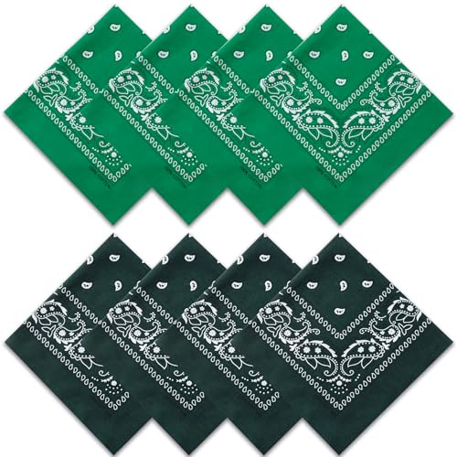 Raylarnia 8 PCS 100% Cotton Bandanas, 22 Inchs Multi-Purpose Bandana Scarfs Headbands for Men and Women - color: 4-dark Green/4-green