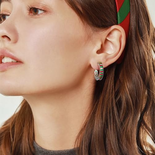 Trendy 14K Gold Plated Hoop Earrings for Women, Chunky Gold/Silver Earrings for Women Cubic Zirconia Baguette Hoop Earrings Heart Hoops Lightweight Hypoallergenic Jewelry,25mm/35mm/40mm/50mm - color: 01 Silver Christmas Hoops 25mm