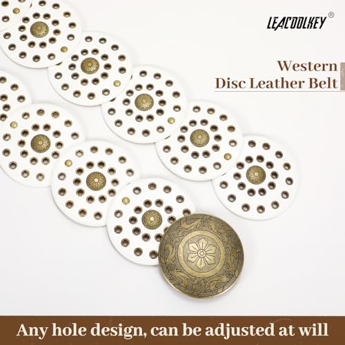LEACOOLKEY Women's Boho Disc Belt Wide Western Leather Belt Vintage Concho Waist Belts for Dress Jeans - color: A-white, size: Fits 27"–33" (Waist/Hips), style: Style a