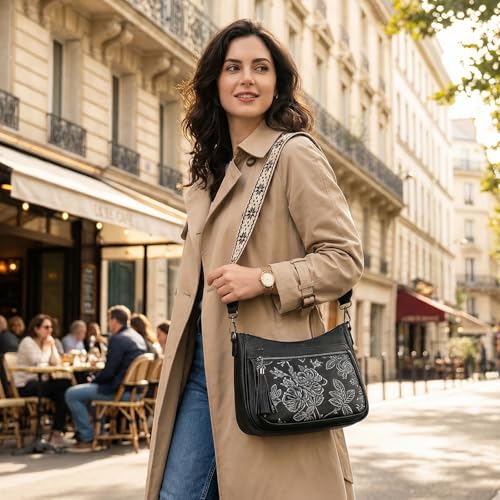Crossbody Bags for Women, Vegan Leather Medium Crossbody Purse, Spacious Daily Travel Shoulder Bag with Boho Strap - color: Black Silver