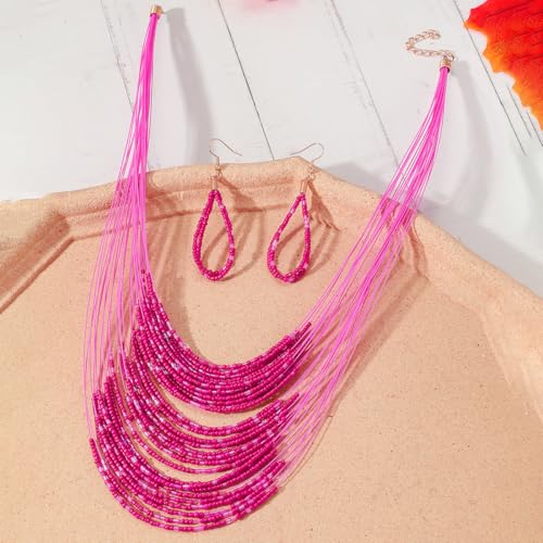 Bohemian Colorful Beaded Earrings Necklace Geometric Teardrop Dangle Earrings Multi-layered Stackable Choker Necklaces Boho Seed Bead Chain Statement Beach Party Accessories - color: Rose Red