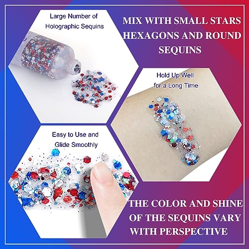 MEICOLY 250th Red White and Blue Patriotic Face Glitter,Fourth of July Star Hair Glitter,4th of July Outfits for Women,USA Flag Body Glitter for Independence Day Veterans Day - color: Glory Red White Blue
