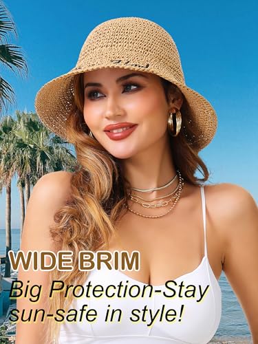 Womens Sun Hat Handmade Crochet Straw Bucket for Summer Foldable Travel Cap - color: Khaki 2