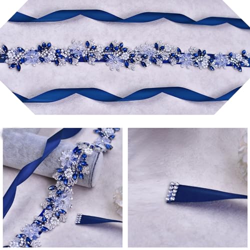 Rhinestone Wedding Bridal Belt for Women Formal Dress Handmade Crystal Beading Wedding Sash Belt - color: Blue