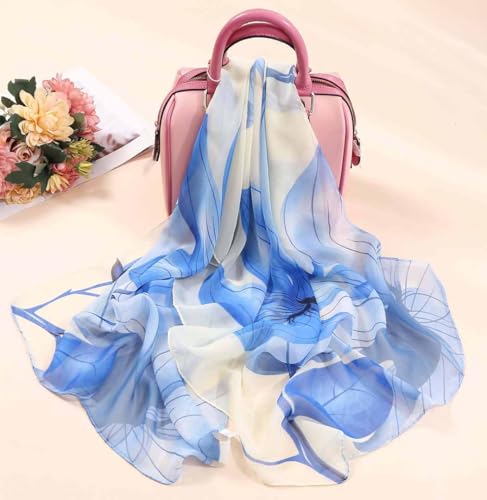 Xyueanlo Women's Chiffon Scarf Lightweight Scarves Fashion Elegant Floral Print Scarfs Shawls - color: Flower White Blue