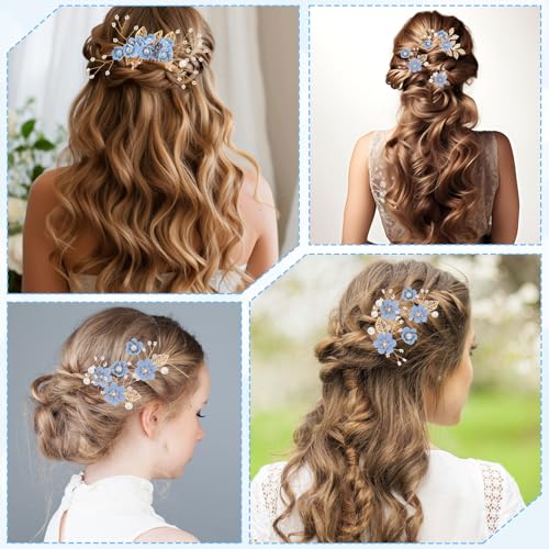 5 Pcs Bridal Hair Comb Pins Wedding Hair Piece Blue Flower Rhinestone Hairs Clips for Women Vintage Blue Wedding Accessories Floral Bun Updo Hairs Comb for Weddings Party Brides Bridesmaid Women