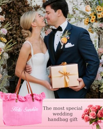 Personalized Embroidered Bridesmaid Tote Bag, Custom Large Women Vaction Travel - color: Pink - Hello Sunshine