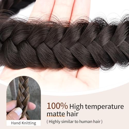 2PCs Braided Headband with teeth Handmade Messy Wide Synthetic Hair Elastic Stretch Fluffy Hairpiece for Brides (Chocolate) - color: Chocolate