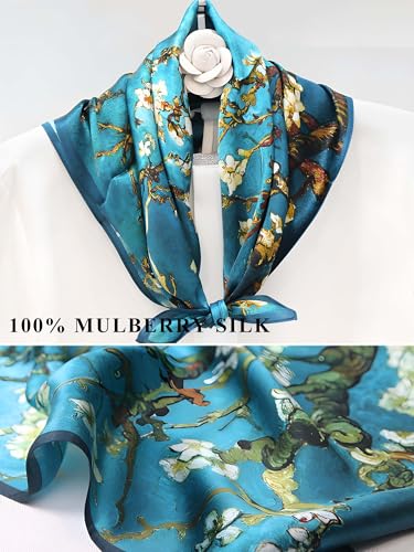 100% Mulberry Silk Scarf for Women Hair Lightweight Square Neckerchief Wrap For Head Scarves 21" - color: 18-blue/White Flowers /21"*21"