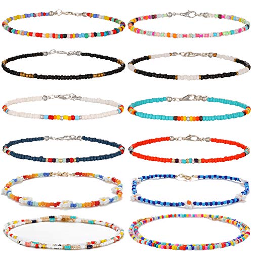 XIJIN 8Pcs Handmade Beaded Anklets for Women Boho Colorful Beads Ankle Bracelets Adjustable Foot Anklet Set - color: B