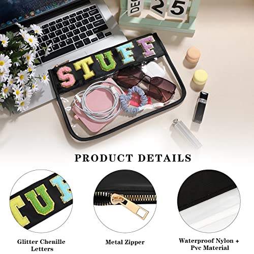 DYSHAYEN Chenille Letter Clear Zipper Pouch for Travel,Nylon Clear Cosmetic Bag,Makeup Travel Bag for Women Girls 11.8 Inches x 8.2 Inches - color: Black-Stuff