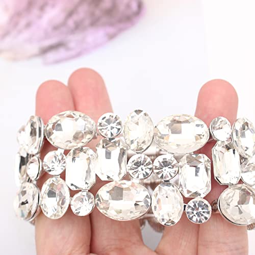 Women’s Wedding Bridal Crystal Leaf Flower Stretch Bangle Elastic Wide Bracelet Jewelry for Brides Bridesmaid - color: White-Platinum Plated