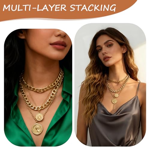 Gold Necklace Stack, Gold Plated and Silver Chunky Layered Necklaces for Women Exquisite Vintage Stackable Coins Medal Star Diamond Pearl Pendant Women's Jewelry (Gold/Silver) - color: Gold 1 PCS