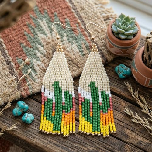 Flower Black Beaded Long Tassel Western Native American Earrings For Women Dangling - color: zactus