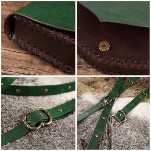EpicCos Leaf-Patterned Waist Bag, Renaissance Multi-Turn Wrapped Faux Leather Belt with Skirt Clip for Ren Faire Forest Costumes (Green A)
