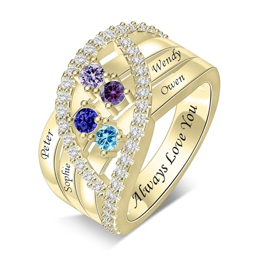 Personalized Name Family Rings Custom 1-6 Birthstones Mother's Rings Sterling Silver Promise Ring for Mother's Day Daughter Grandma Women - color: 4 stones