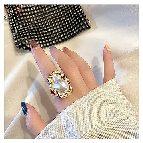Choistily Pearl Ring for women Geometrical Irregular Pearl Ring Womens Open Adjustable Index Finger Rings - color: gold
