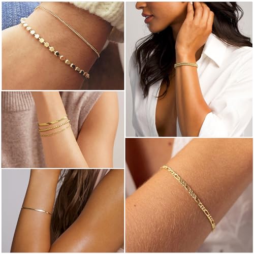 Dearmay Gold Bracelets for Women Waterproof, 14K Gold Plated Minimalist Bracelets Stack Non Tarnish Trendy Dainty Herringbone Vintage Cuban Paperclip Rope Thin Box Link Chain Stackable Jewelry Sets Modern Fashion Accessories Gifts for Womens - style: 5Pcs