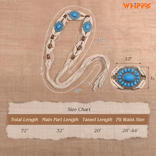 WHIPPY Boho Turquoise Belt for Women Wax Rope Braided Waist Belt Western Hand-Woven Bead Tassel Belts for Dress, 2” Wide - color: Light Beige