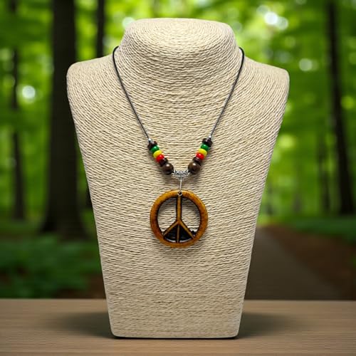 LAVIP Peace Sign Pendant Necklace, Black Cord with Wooden Beads, Boho Style - color: Brown