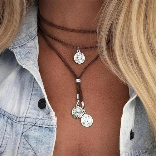 Stagecoach Festival Outfits for Women Boho Leather Necklace with Coin Pendants Long Cowgirl Western Jewelry for Women Country Concert Outfits Accessories - color: A2：Brown