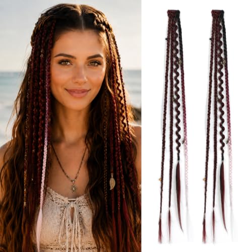 2PCS Boho Dreadlock Clip In Braids with Charms and Beads, Handmade Dreadlock Braids Hair Extensions Synthetic Braided Hairpieces for Women (Burgundy with White, 16 Inch) - color: Burgundy with White, size: 16 Inch