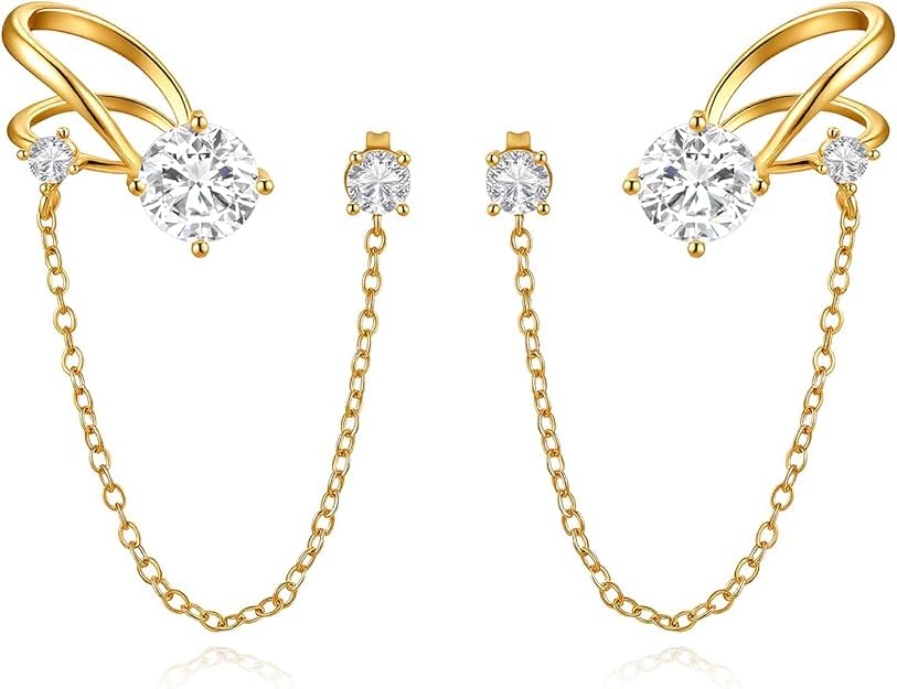 A Pair of 14K Gold Plated Chain Ear Cuff Earrings for Women - 316L Surgical Steel Post Hypoallergenic, Cubic Zirconia Crystal Tassel Drop Dangle Crawler, Non-Slip Cartilage Clip On Jewelry Gifts