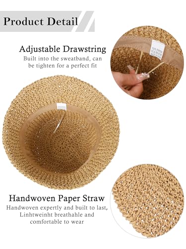 Womens Sun Hat Handmade Straw Bucket UV Protection Travel Summer Beach Cap - color: Khaki