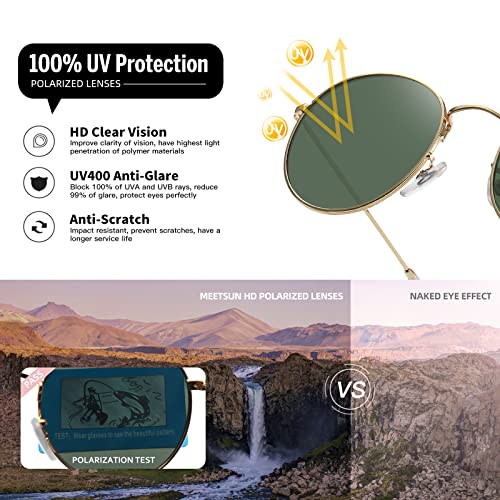 MEETSUN Round Polarized Sunglasses for Women Men Classic Retro Metal Frame Sun Glasses UV Protection - color: (2 Pack) Gold/Grey + Gold/Dark Green