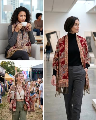 Achillea Elegant Paisley Floral Pashmina Shawl and Wrap – Boho Rave Scarf for Festival, Travel & Everyday Wear - color: Red Black