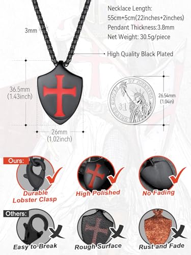 FaithHeart Knights Templar Necklace for Men, Christian Necklace for Men Stainless Steel Pendant Neckalces Christian Gifts with Gift Box - color: 03. Shield-Black