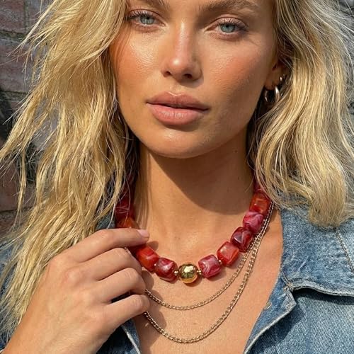 Mchic Colorful Beaded Choker Necklace for Women: Boho Large Square Acrylic Beaded Necklace Stainless Steel Adjustable Surfer Beach Strand Necklaces Summer Handmade Jewelry Gift for Women - color: Mix Red