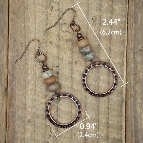 Boho Earrings for women, Hammered Copper Earrings, Bohemian Beaded Gemstone Rustic Jewelry, African Opal Earrings Handmade - style: Hammerd Hoop
