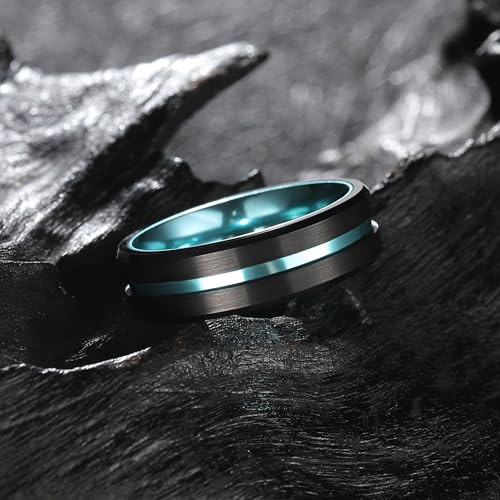 King Will Mens Tungsten Rings for Men Two Tone Grooved Mens Wedding Band Cool - color: Black & Ice-Blue 7mm