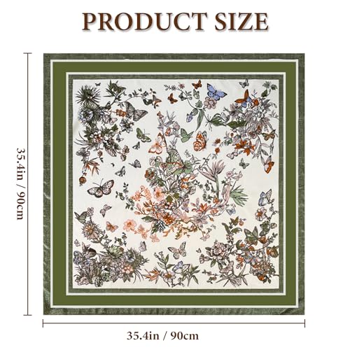 Large Square Head Scarf Bandana - 35" Satin Hair Scarf for Women Like Silk Scarf Fashion Hair Wrapping - color: Garden Butterfly(green), size: 35IN*35IN