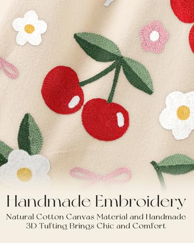 Miss Adola Embroidery Tote Bag with Pocket & Buckle - Reusable Canvas Tote for Women Cute Aesthetic Work Shopping Grocery Bag - style: Cherry