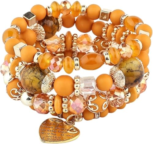 Women Beaded Bracelet Set | Colorful Boho Stackable Trendy Design with Crystal Accents Multilayer Bangle Bracelet | Fashion Stretch Braclets Jewelry for Women - color: Orange