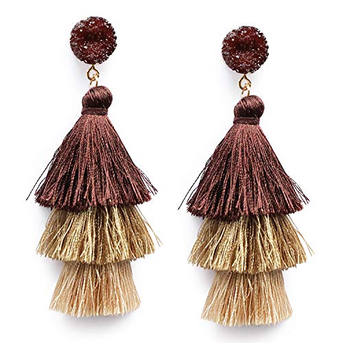 Me&Hz Colorful Layered Tassel Earrings Bohemian Statement Tiered Tassel Big Dangle Drop Earrings for Women Druzy Studs Valentine’s Day Gift - color: Brown Ombre