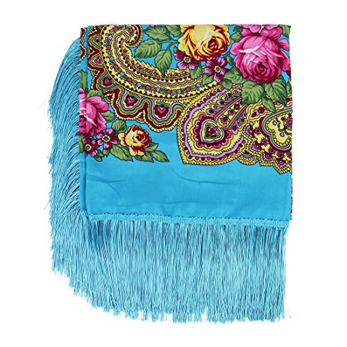 Gudessly Women's Traditional Scarf Wrap Tassel Fringes Neck Head Shawl Retro Scarf Floral Poncho Printing Square Cape 50inch - color: Sky Blue