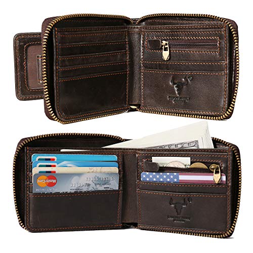 MING CLAN Leather RFID Blocking Bifold Wallet For Men With Zipper, Flap ID Window Zip Coin Pocket, Big Capacity Credit Card Holder For Travel - color: Coffee