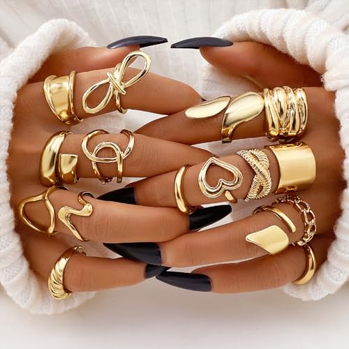 IFKM Gold Chunky Rings Set for Women 14k Gold Plated Thick Dome Stackable Open Rings Trendy Dainty Minimalist Jewelry Gifts - color: Gold, style: Geometric metal wind