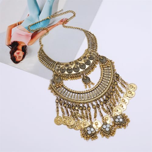 Vintage Engraved Bib Statement Necklace for Women Chunky Bohemian Ethnic Gypsy Choker Necklaces Jewelry